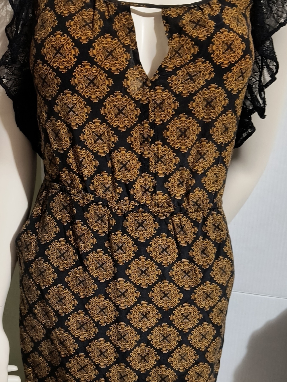 Black & Gold Printed Midi Dress with Lace Sleeves